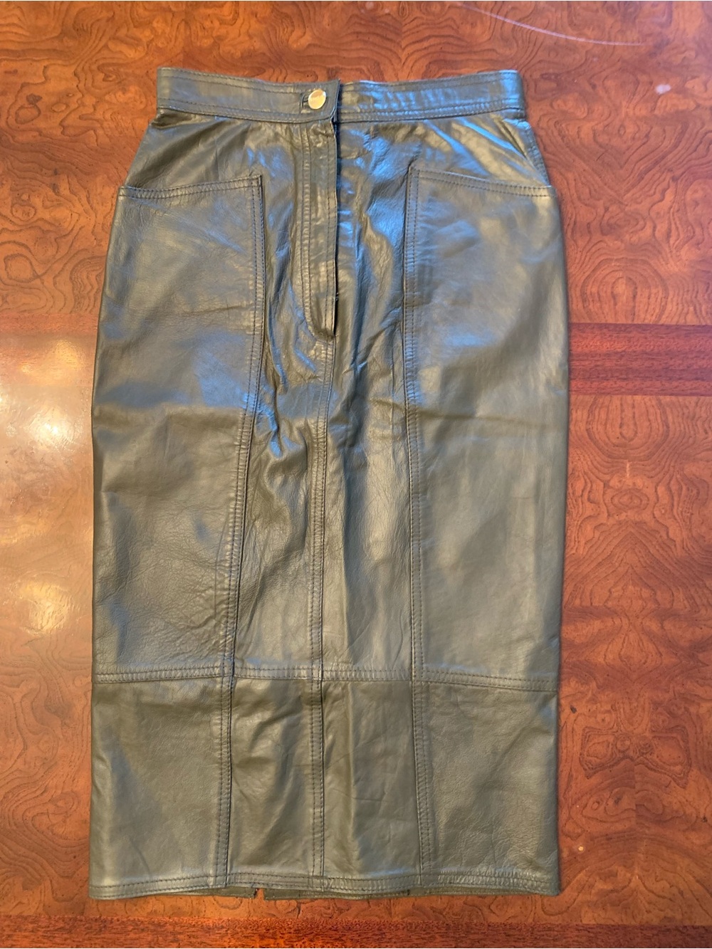 Vintage Forest Green Leather Pencil Skirt w double slits in back